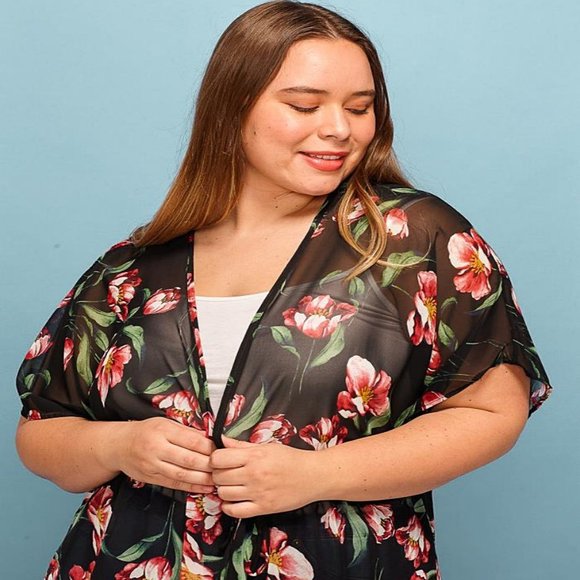 Plus Size Sheer Floral Beach Swim Kimono Cover-Up - Picture 7 of 7